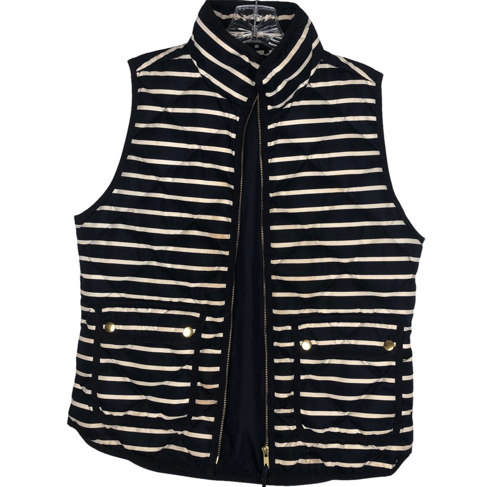 J CREW Navy & Cream Striped White Button Front Pockets Zip Up Puffer Vest Small